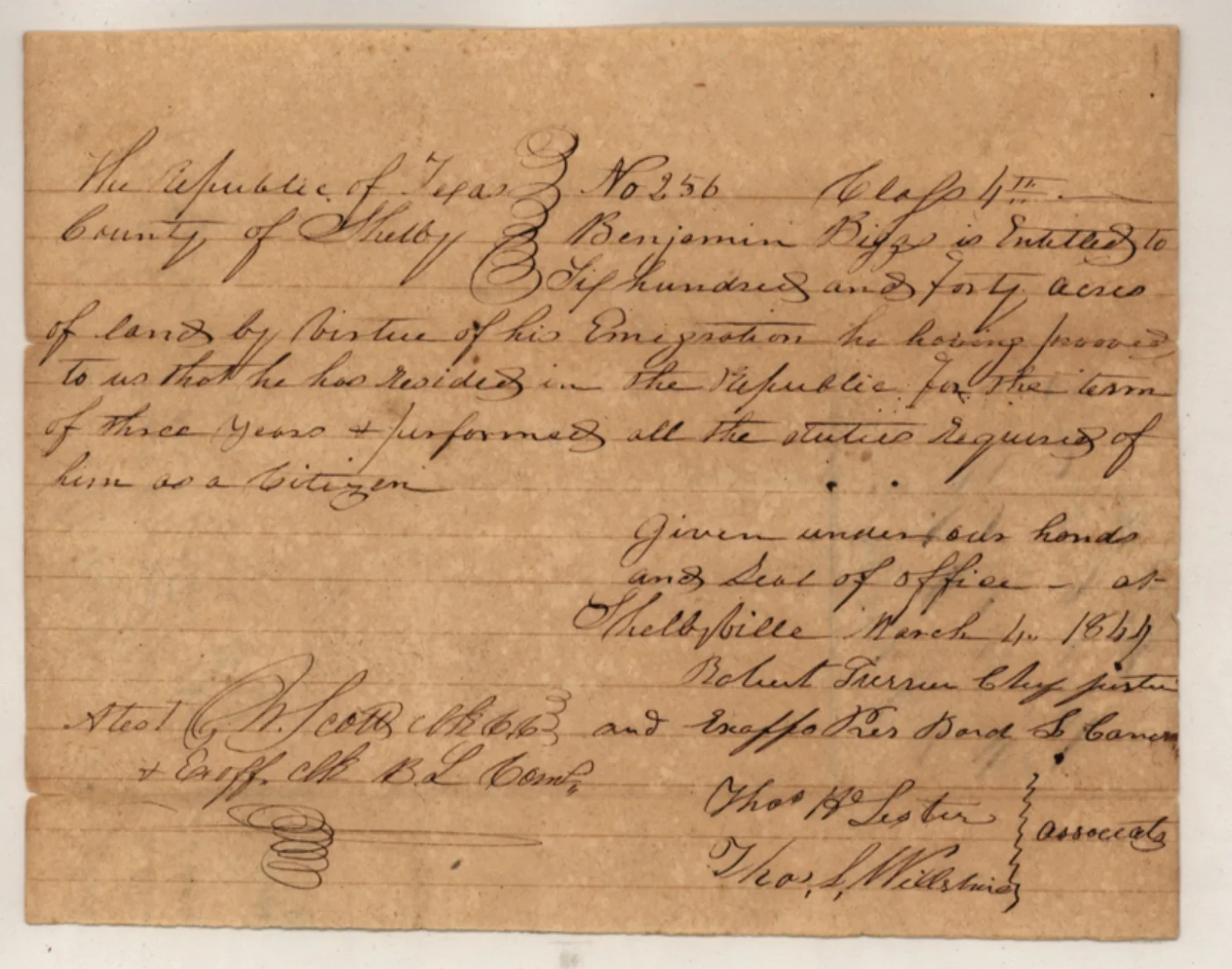 Biggs, Benjamin Original Cursive Land Grant & Field Notes (Rusk County, Abstract A-103)